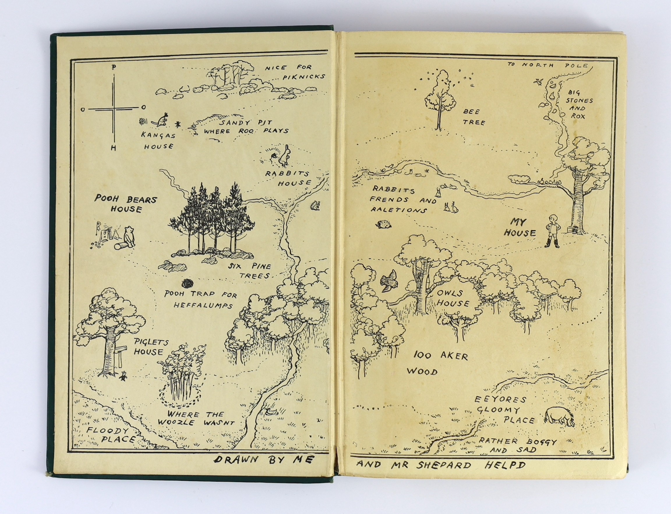 Milne, A.A. - Winnie-The-Pooh. First edition. illus. throughout (by Ernest H. Shepard, some full-page), half title; publisher's green gilt pictorial cloth, gilt top, pictorial e/ps., sm.cr.8vo. 1916